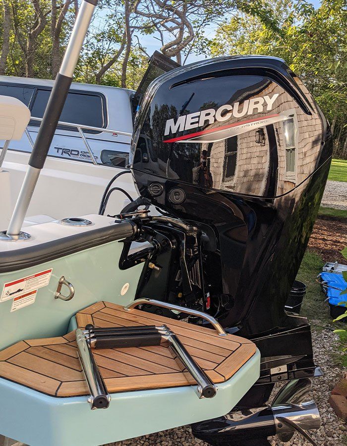 Boat with a black Mercury outboard motor, brown swim platform, and a light blue hull.