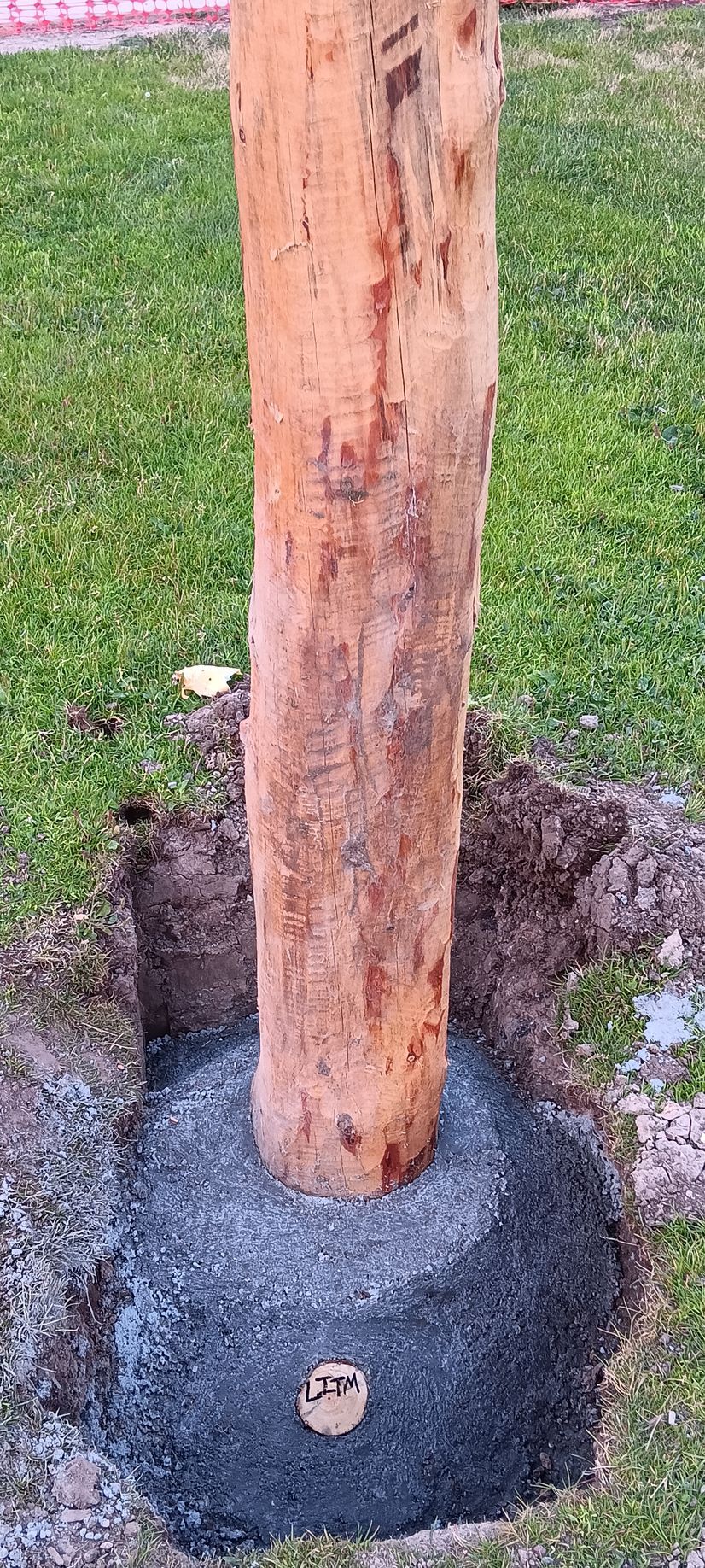 A wooden post is sitting in a hole in the ground.