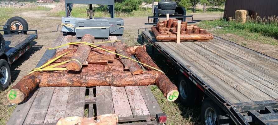 A trailer with logs on it is sitting on top of a wooden table.