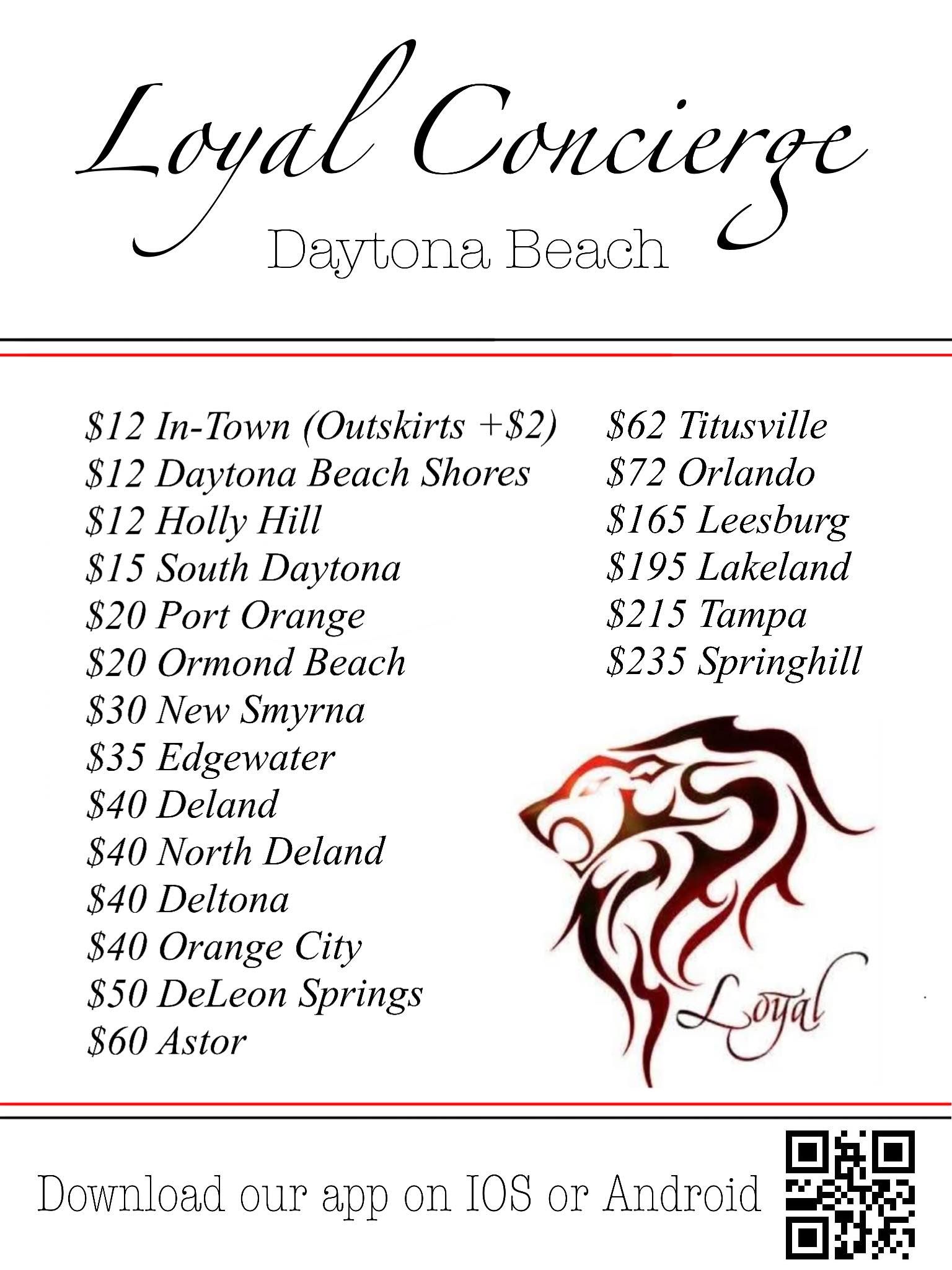 Flyer for Loyal Concierge in Daytona Beach with a list of service areas and a lion logo. It includes a QR code.