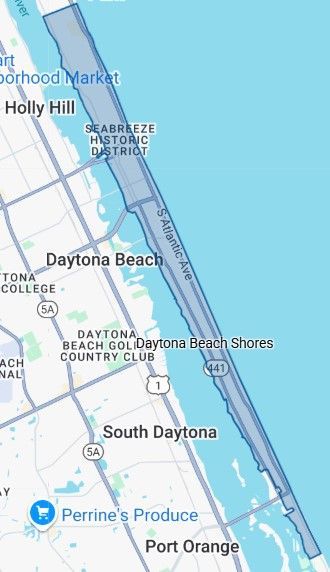 Map showing the coastal area around Daytona Beach, Florida, including Daytona Beach Shores, South Daytona, and Port Orange.