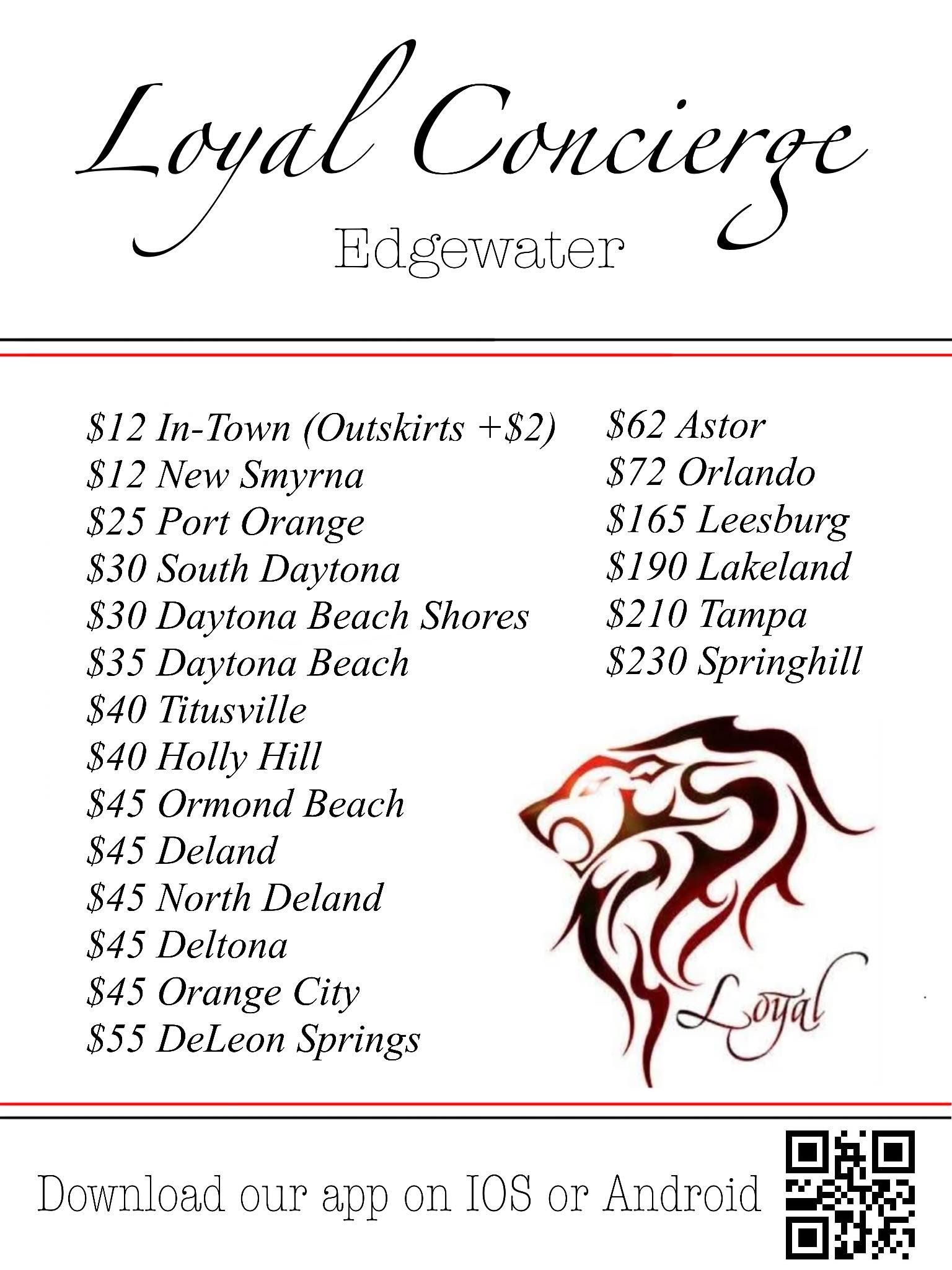 Loyal Concierge advertisement with a list of locations and a lion logo, promoting concierge services. Includes QR code.