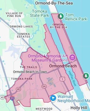 Map of Ormond Beach, Florida, highlighting the city limits and nearby areas like Tomoka State Park and Ormond-By-The-Sea.