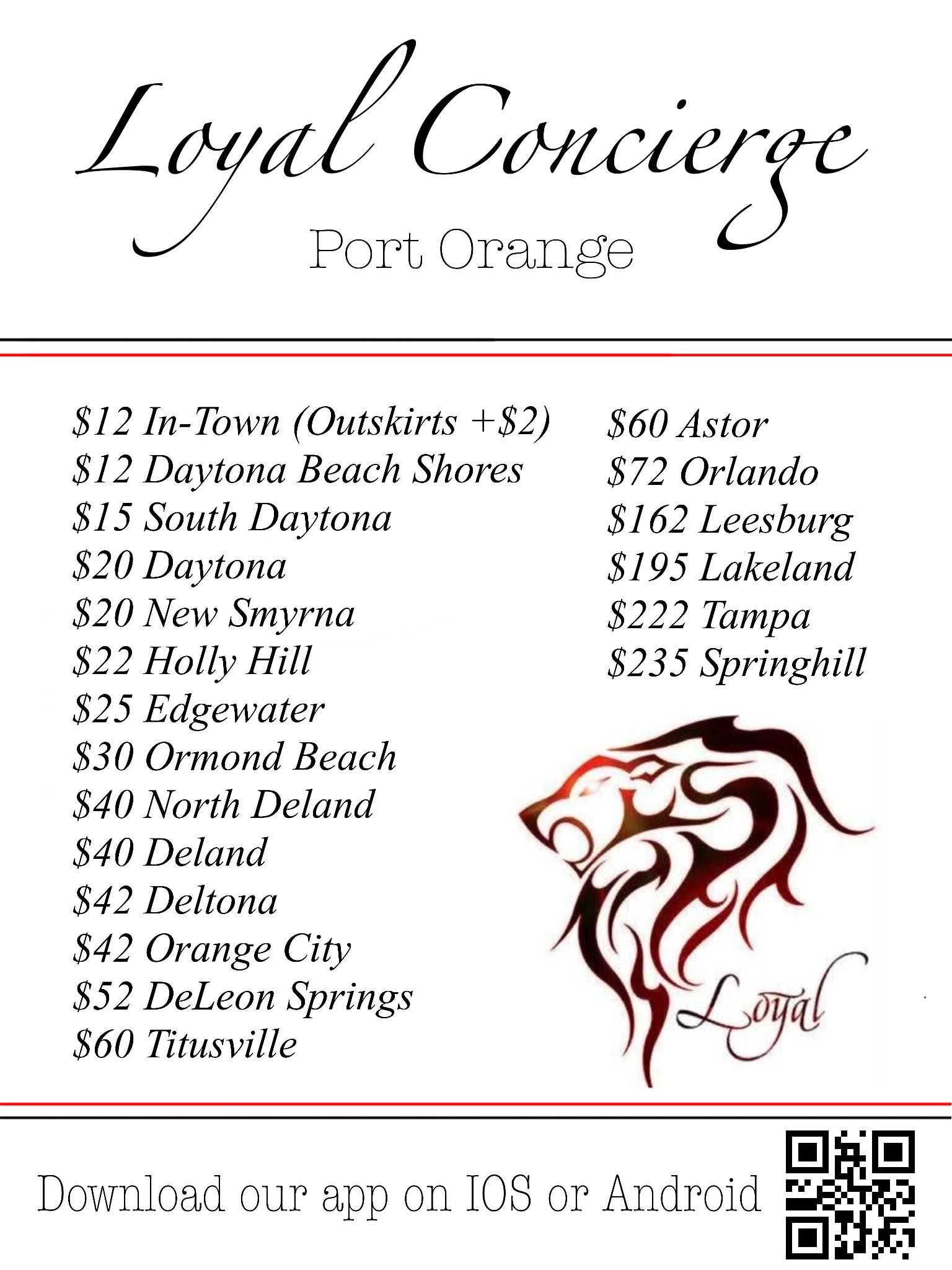 Price list for Loyal Concierge services in various Florida locations, with a lion logo and QR code.