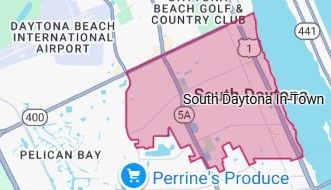Map of South Daytona, Florida, highlighted in pink, near Daytona Beach International Airport and the Intracoastal Waterway.