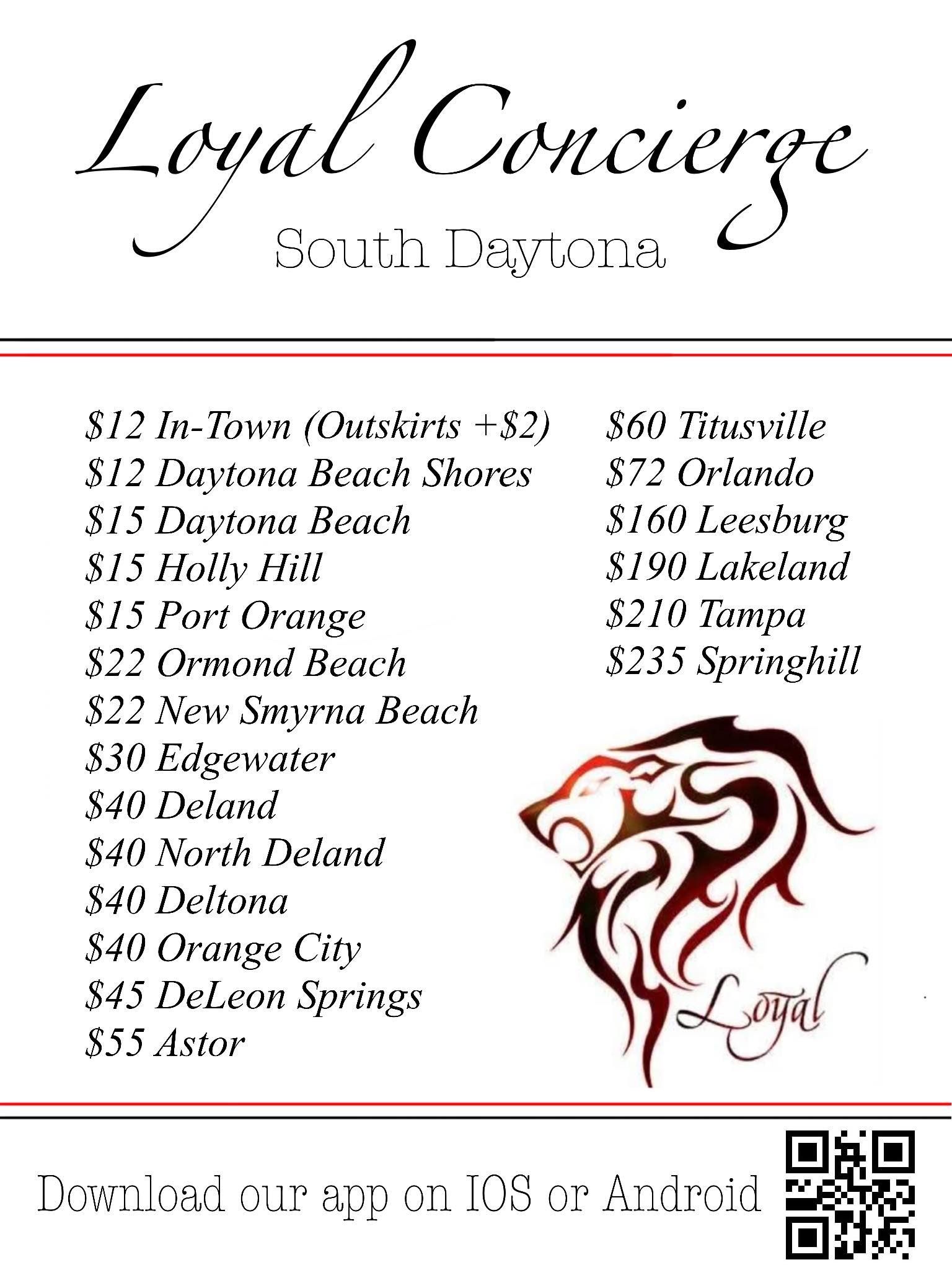 Loyal Concierge ad listing Daytona area locations and prices, with a lion logo and QR code.