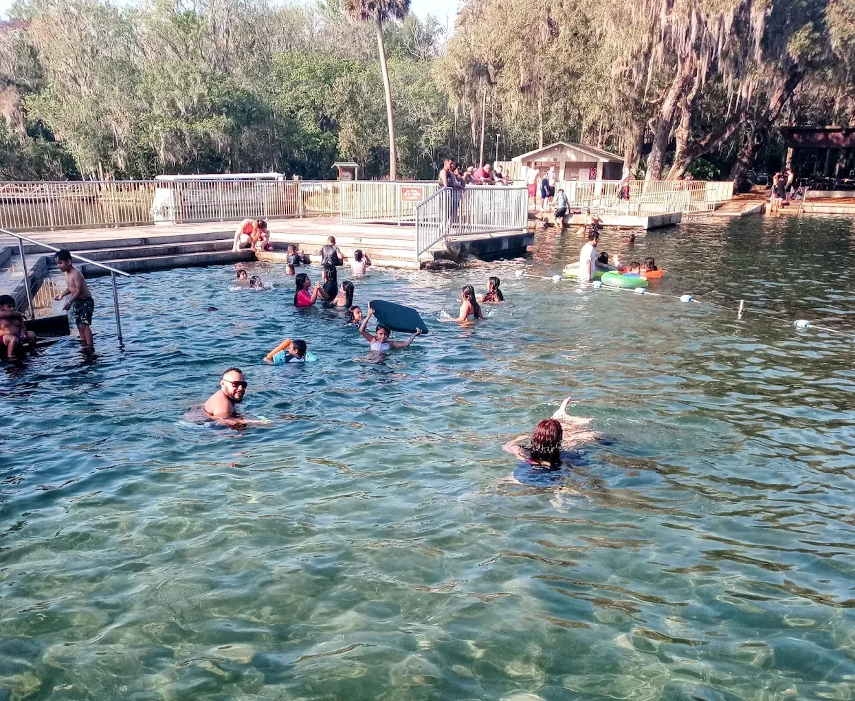 People swimming in a clear spring. White railings and trees in the background.