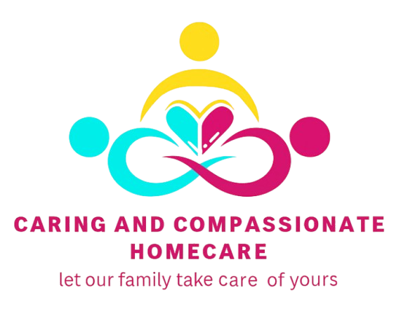 Caring and Compassionate Homecare Logo for homecare: abstract shapes in blue, pink, and yellow above text