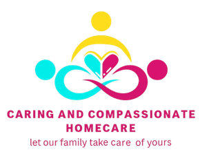 Logo for homecare: abstract shapes in blue, pink, and yellow above text 