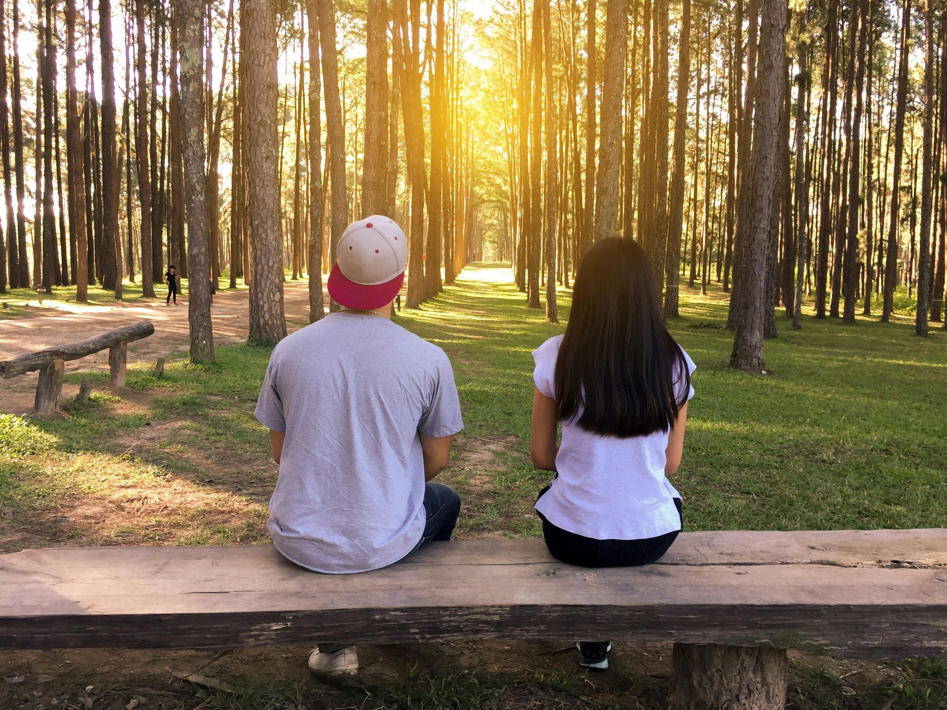 Two people sit on a bench in a sunlit forest, facing tall trees and a bright golden sunset.