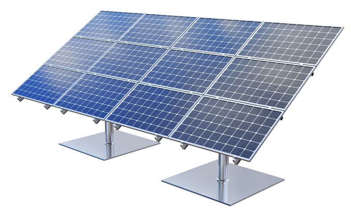 A row of solar panels on a stand on a white background