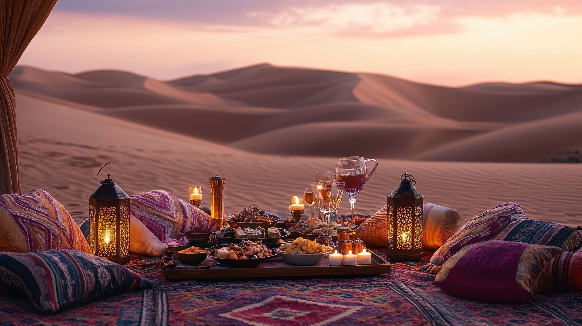 There is a picnic table in the middle of the desert.