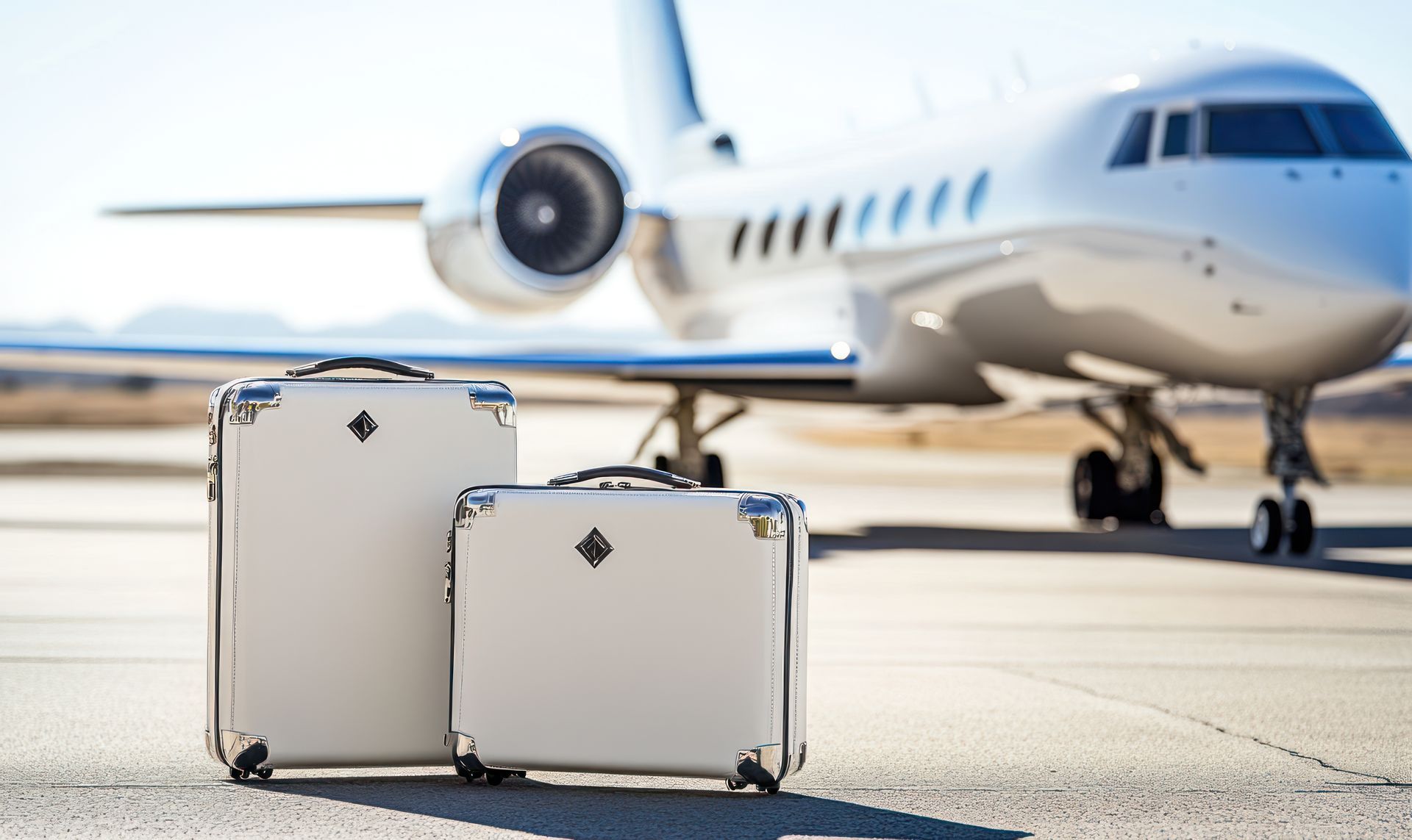 Two suitcases are sitting in front of a private jet.