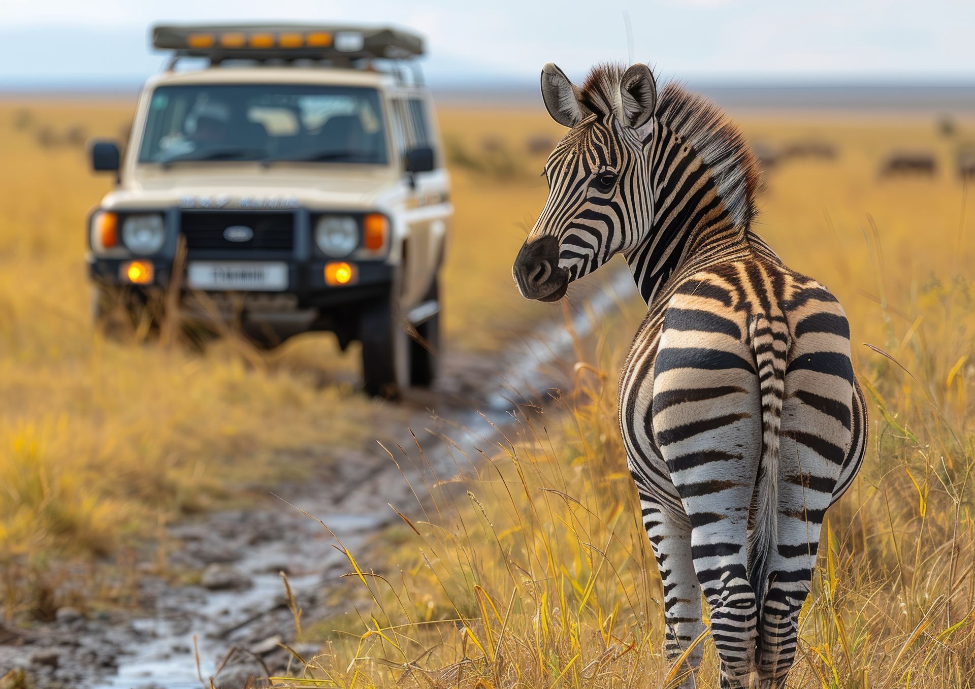 A zebra is standing in front of a jeep on safari.