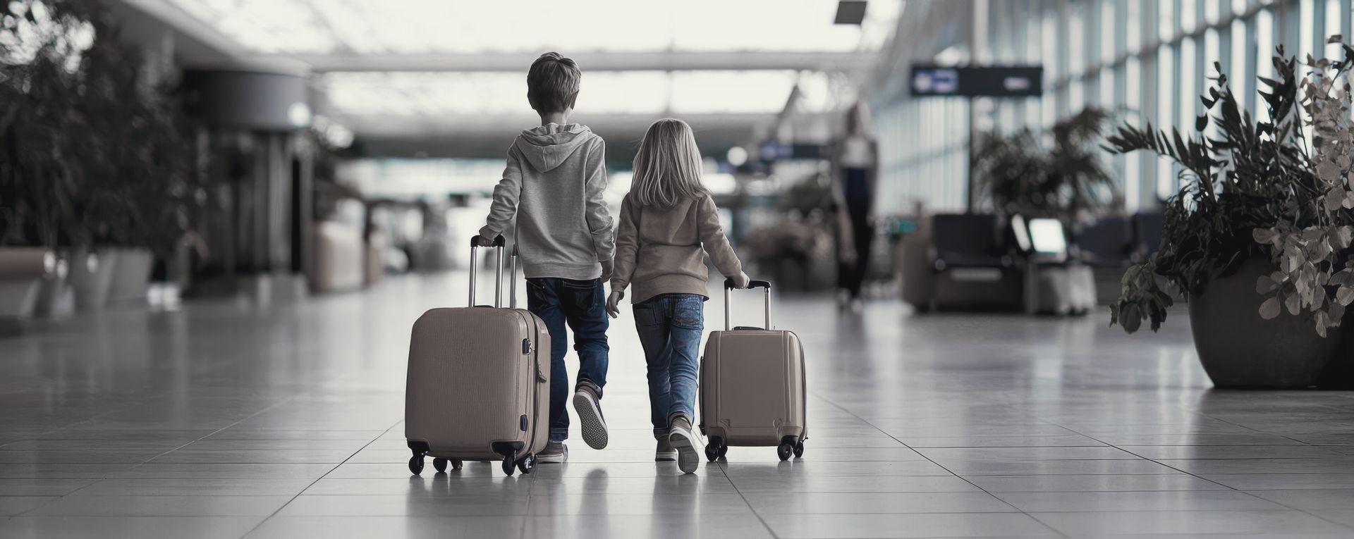 A boy and a girl are pulling suitcases through an airport.