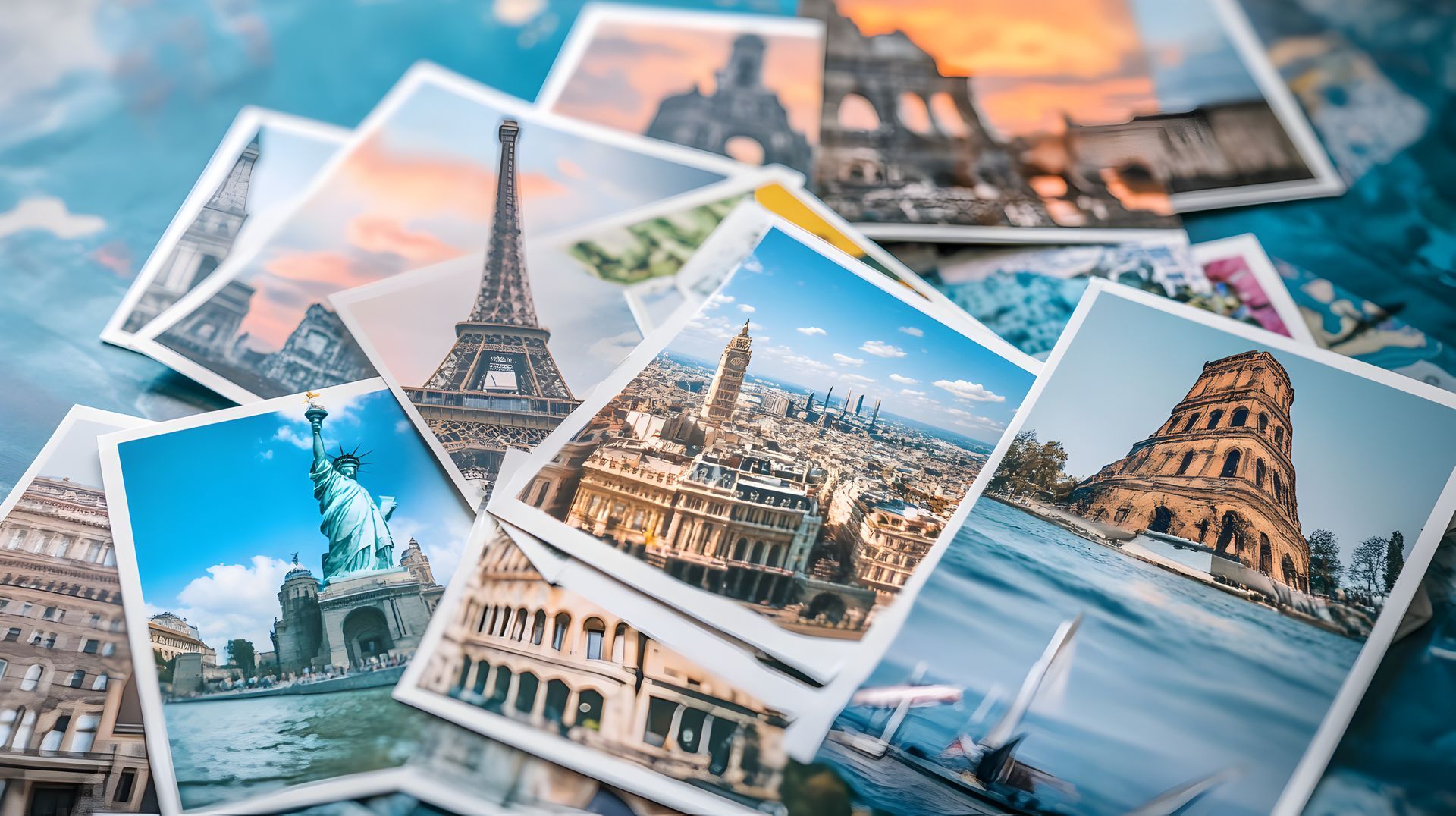 A pile of pictures of famous landmarks around the world.
