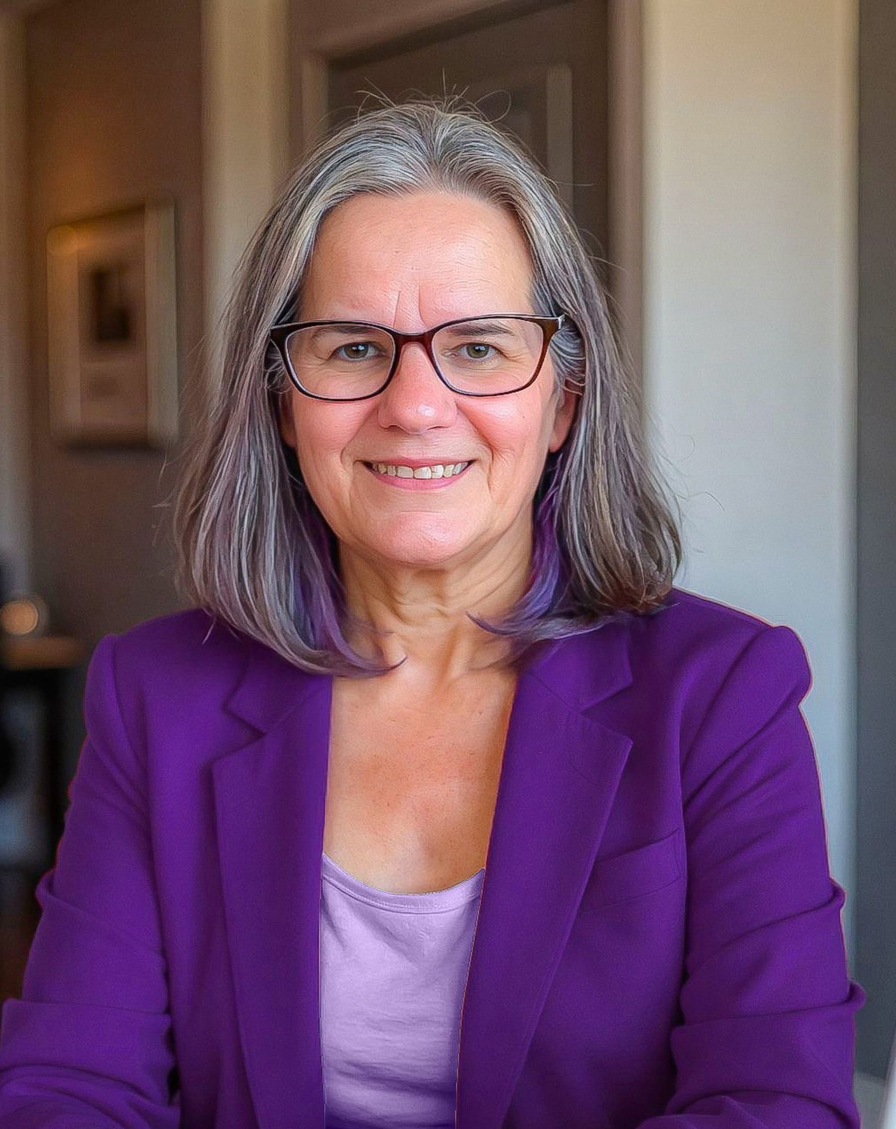 A woman wearing glasses and a purple jacket is smiling for the camera.