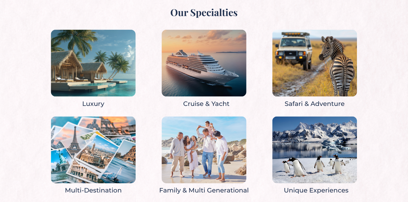 Our Specialties: Travel images of Fiji, cruises, safaris, world destinations, family beach, and penguins.