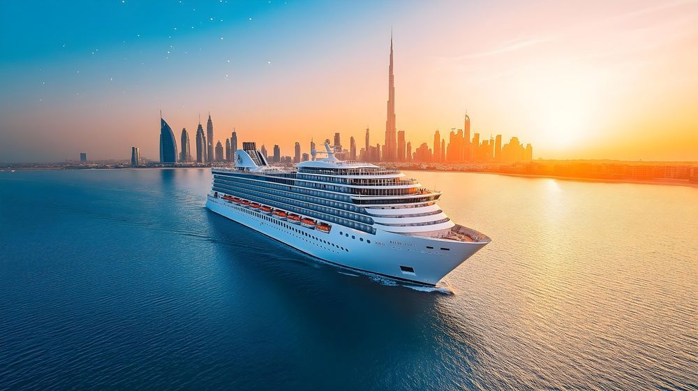 An aerial view of a cruise ship in the ocean with a city skyline in the background.