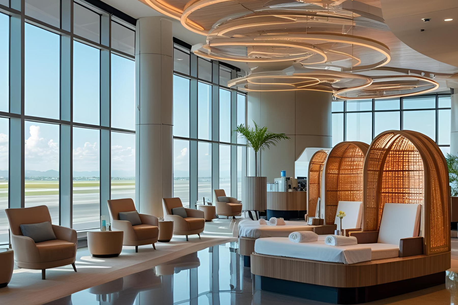 A luxurious airport lounge with large windows overlooking a runway, seating, and spa-like daybeds.