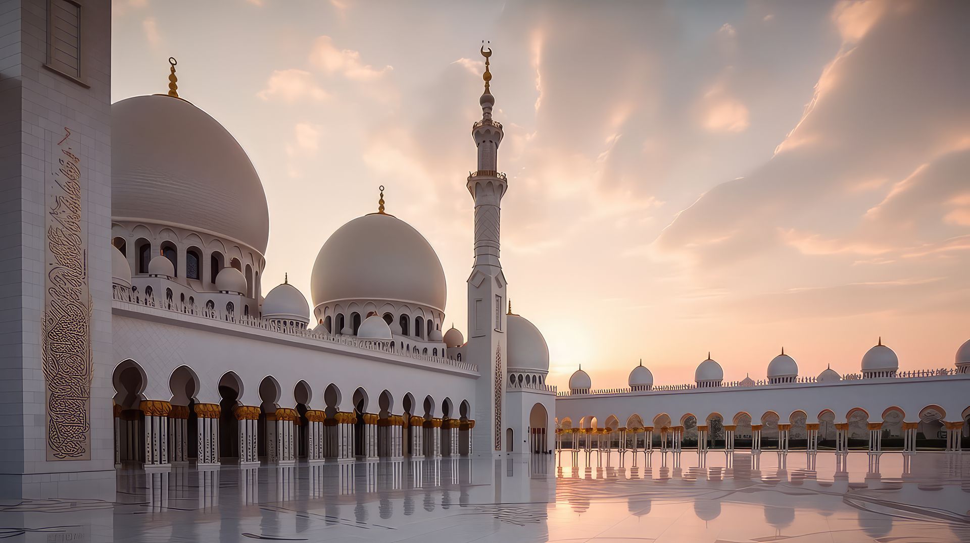 A white mosque with domes and a minaret, reflecting on a wet, paved surface; sunset in the background.