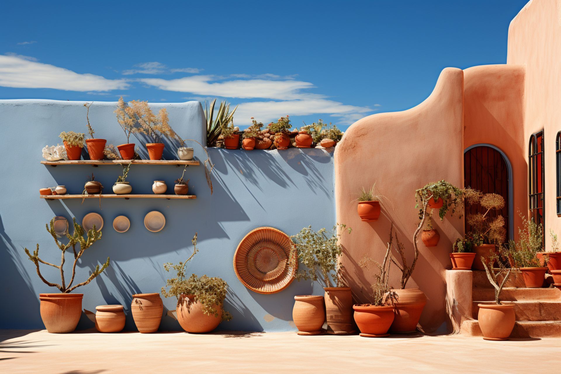 A building with a lot of potted plants on the side of it