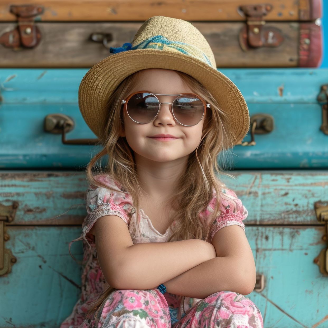 A little girl wearing a hat and sunglasses is sitting on a suitcase.