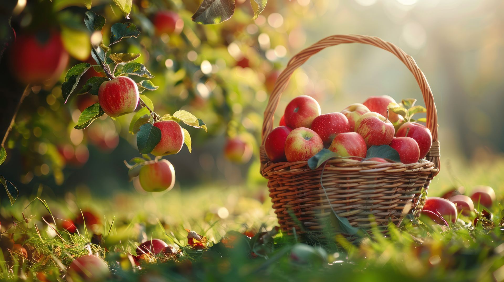 A basket filled with apples is sitting in the grass under an apple tree.