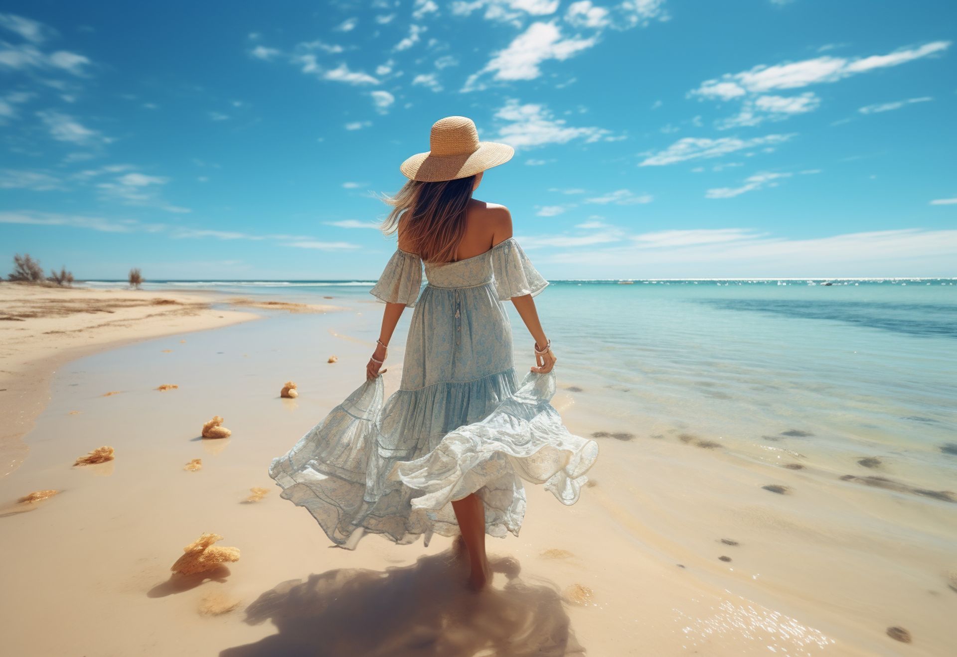 A woman in a dress and hat is walking on the beach.