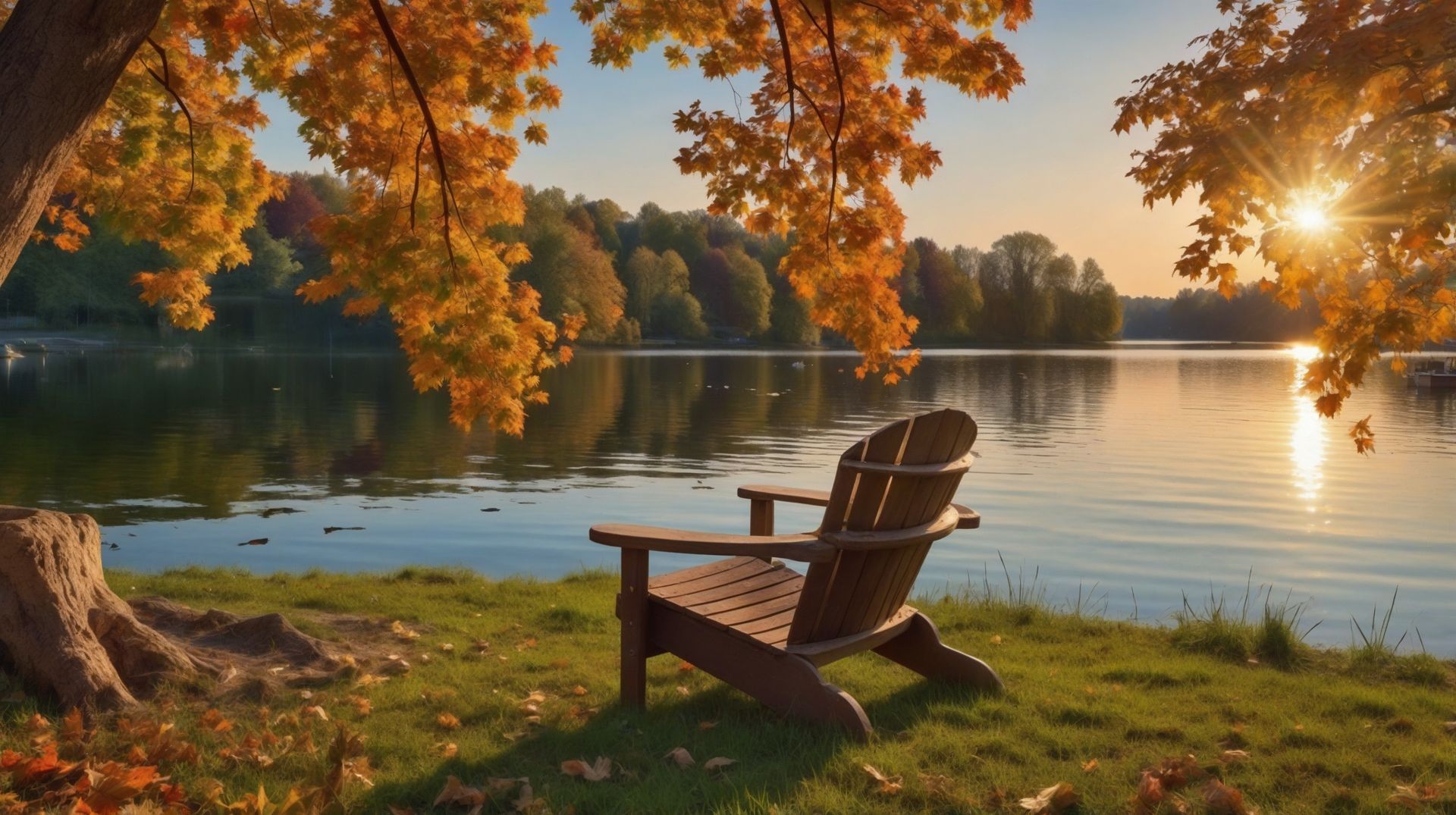 A wooden chair is sitting on the shore of a lake.