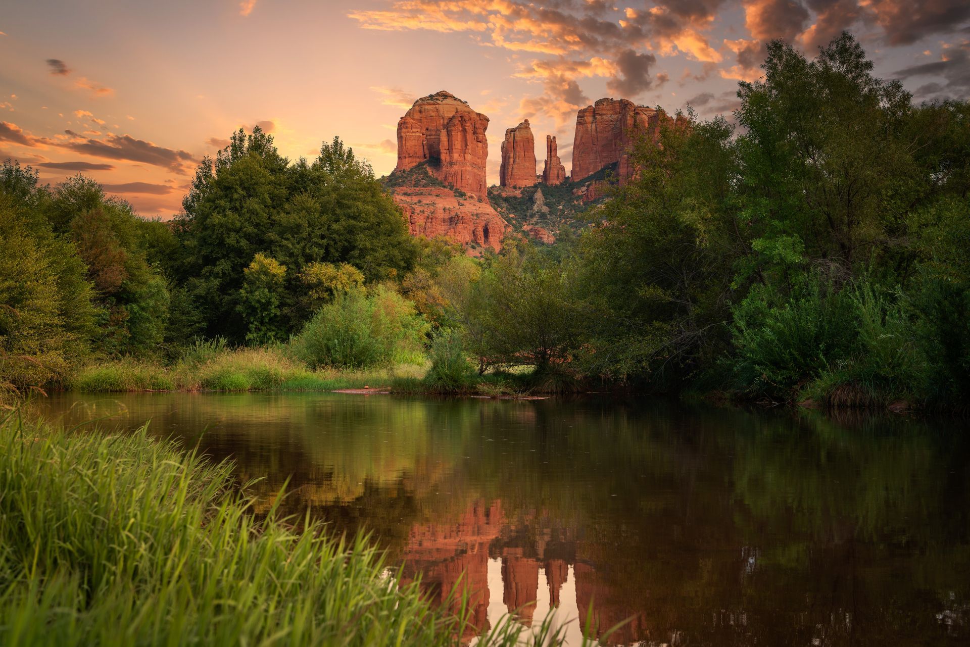 There is a lake in the middle of a forest with a mountain in the background.