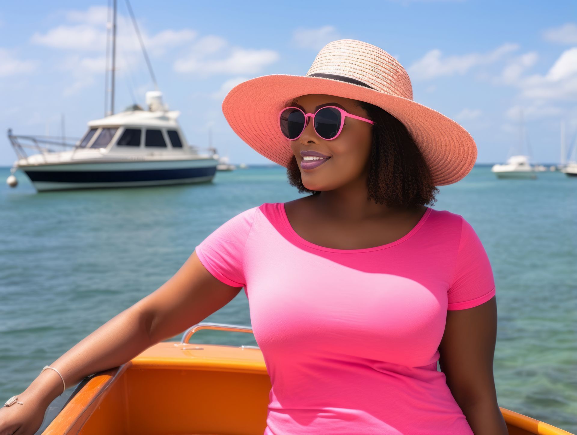Woman in pink top and hat on a boat, smiling, with yachts and sea in the background.