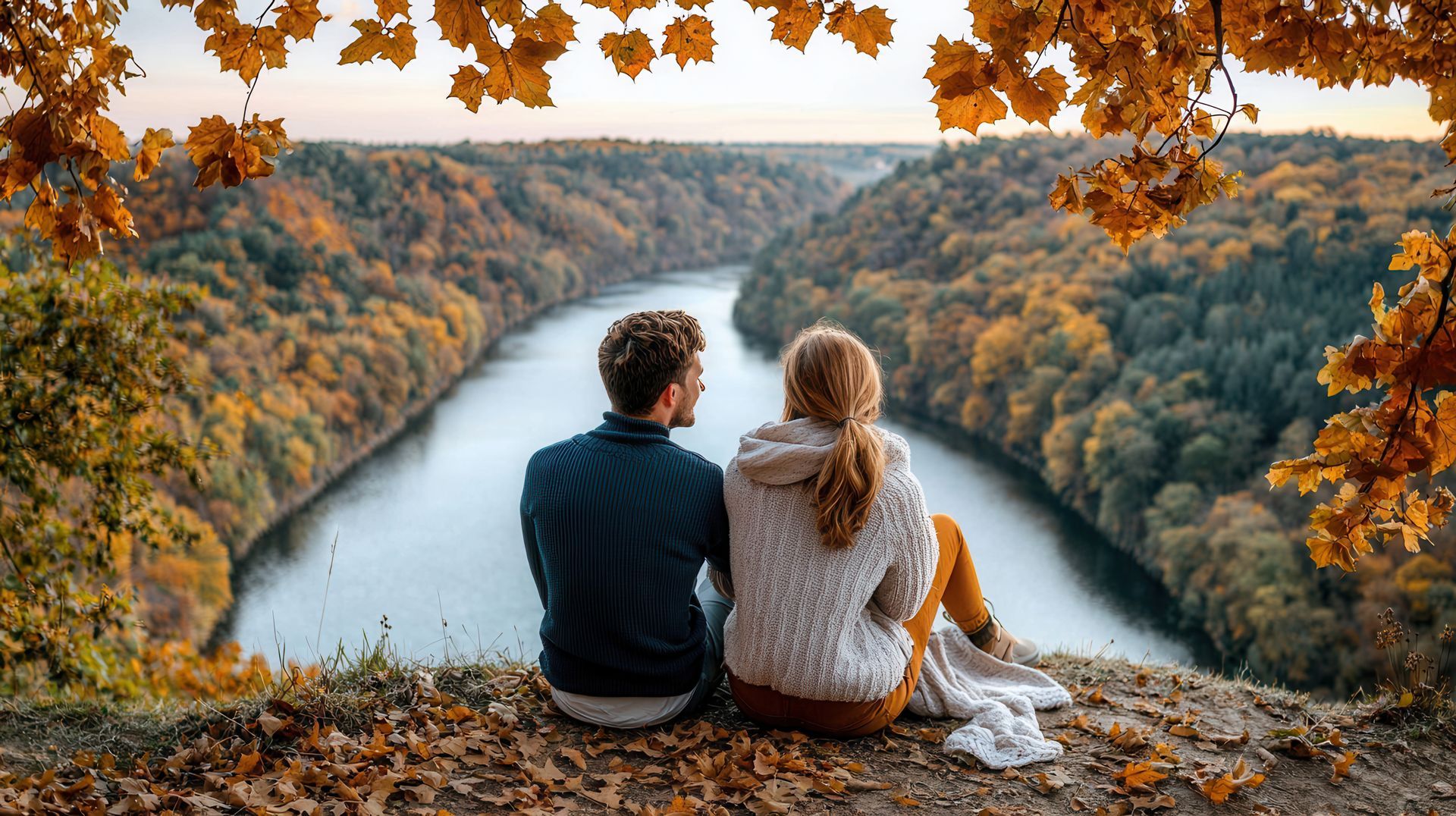 A man and a woman are sitting on top of a hill overlooking a river.