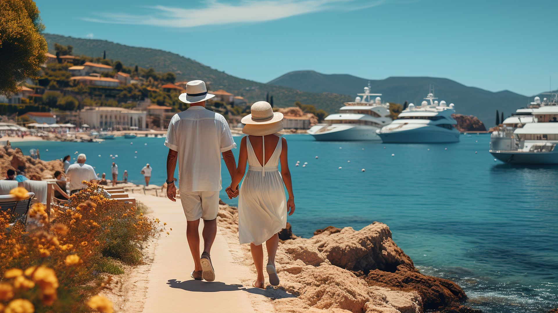 A man and a woman are walking down a path next to the ocean holding hands.