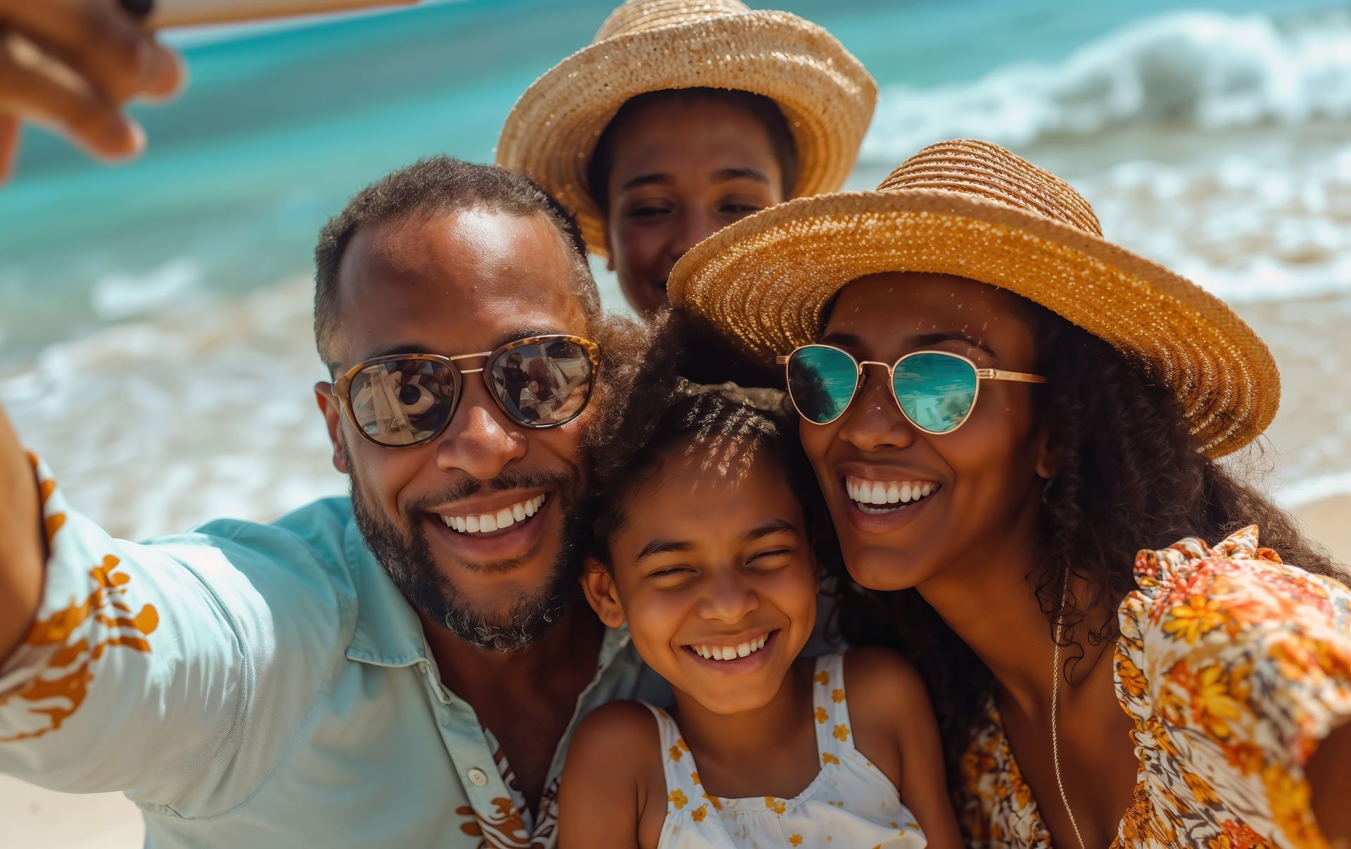 A family is taking a selfie on the beach.