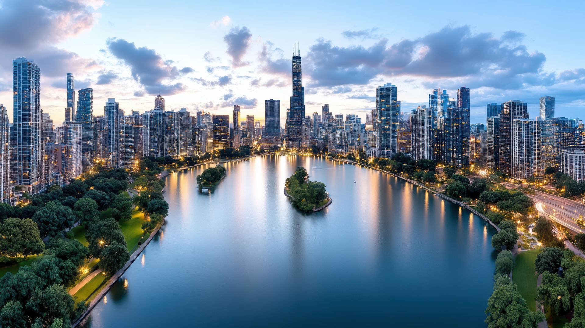 An aerial view of a city skyline with a lake in the foreground.