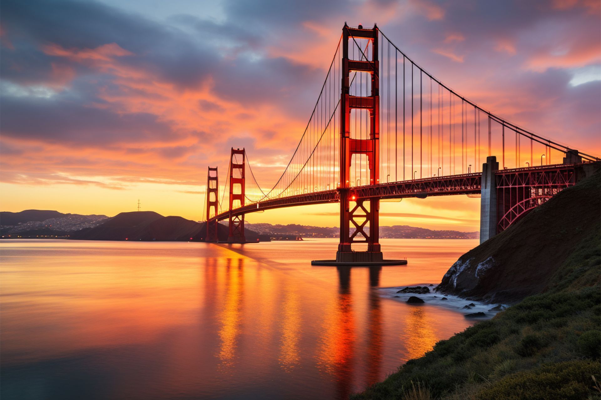 The golden gate bridge is reflected in the water at sunset.