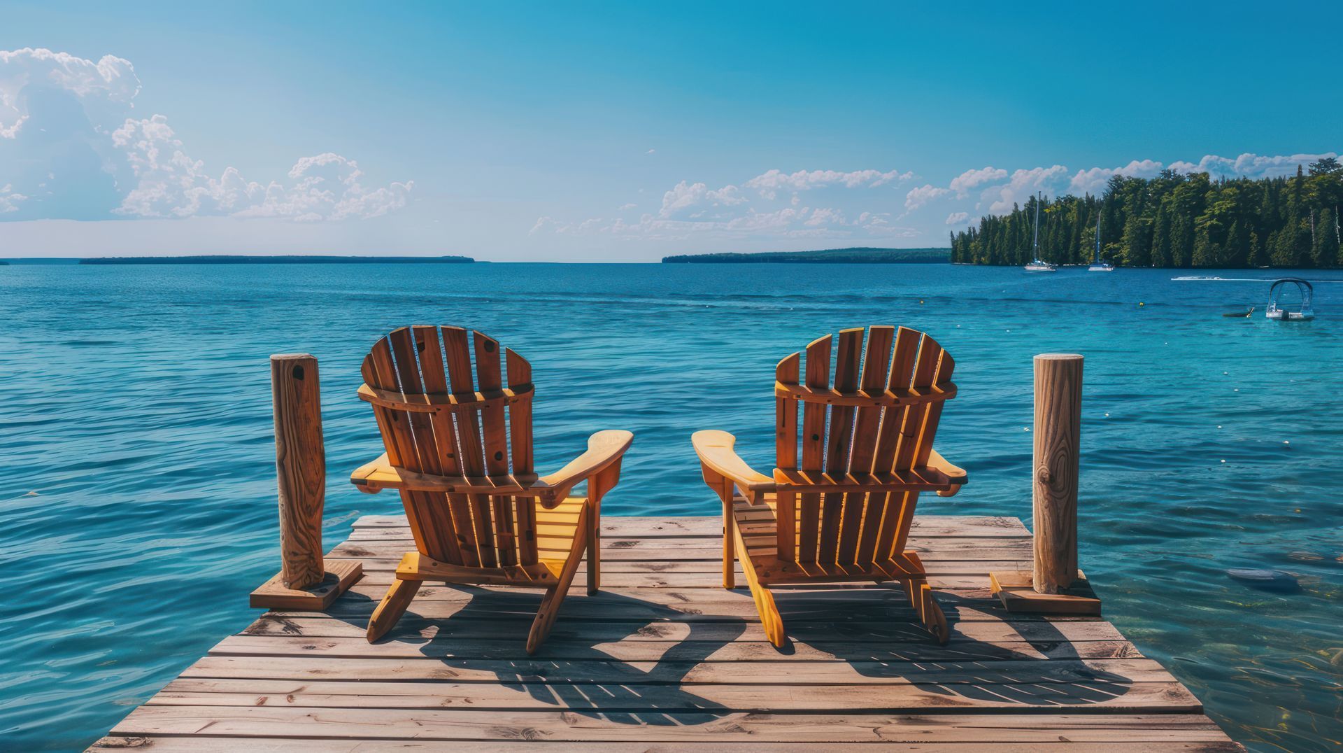 Two wooden chairs are sitting on a dock overlooking a lake.