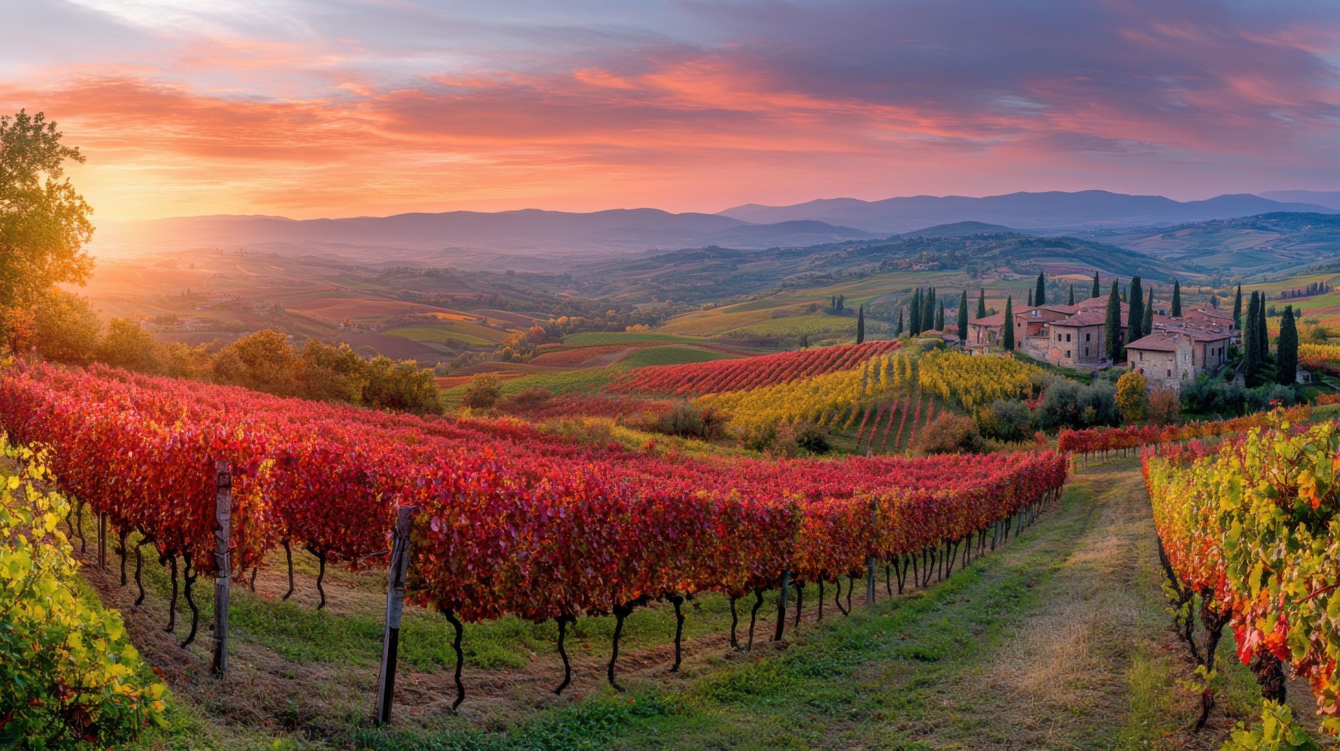 A panoramic view of a vineyard with a sunset in the background.