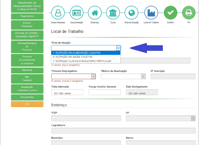 Uma captura de tela de uma página da web com uma seta apontando para uma caixa que diz local de trabalho