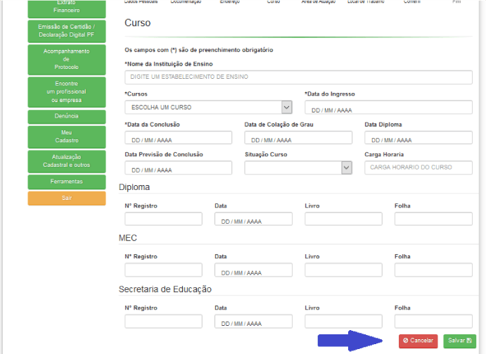 Uma tela de computador com uma seta azul apontando para o botão cancelar
