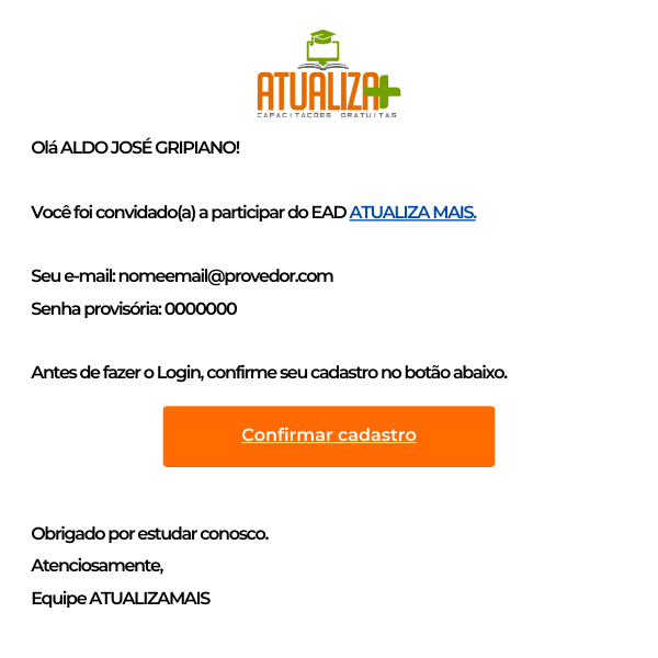 Print do e-mail de confirmação do Atualiza mais.