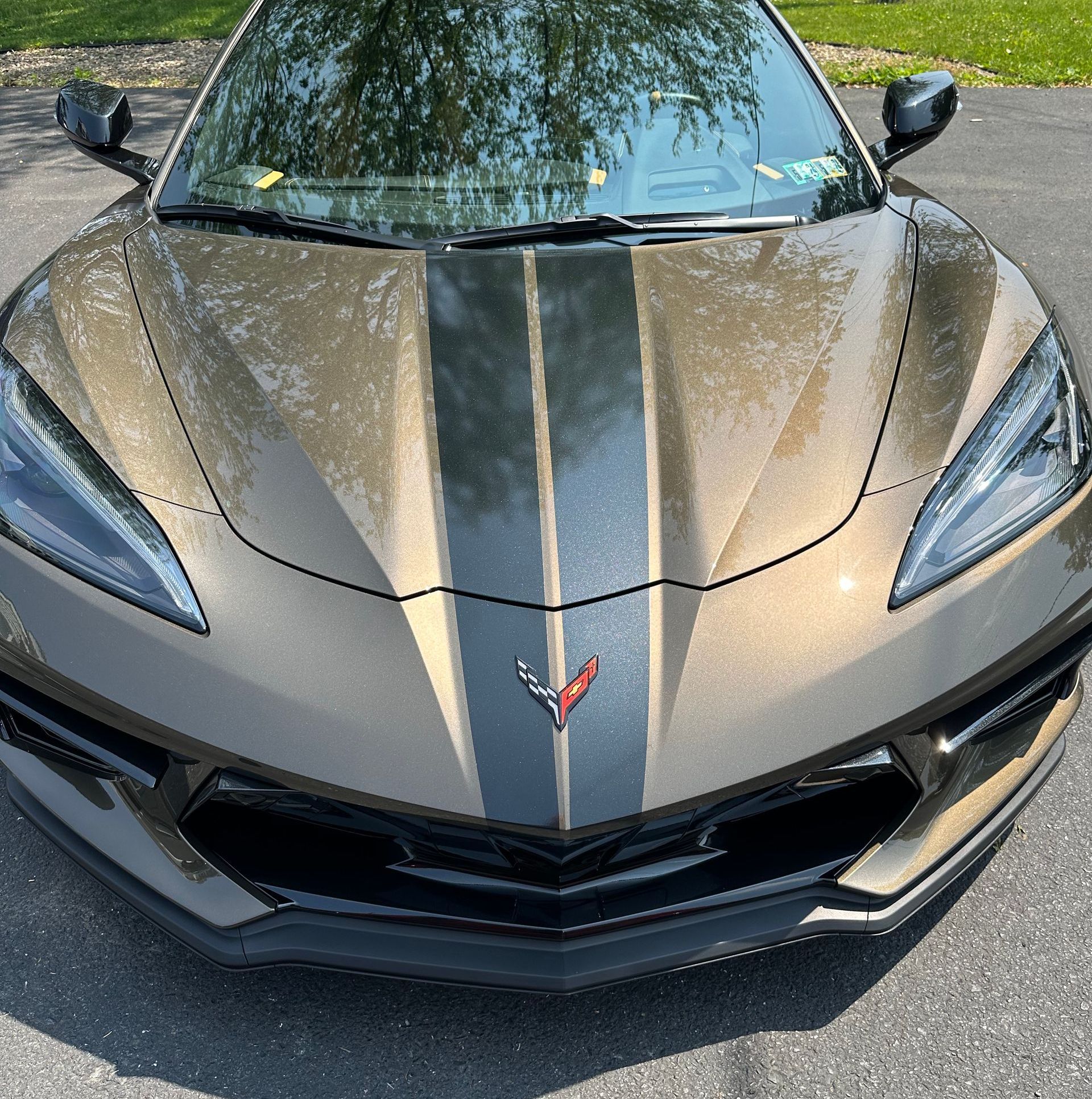 A corvette with a black stripe on the hood