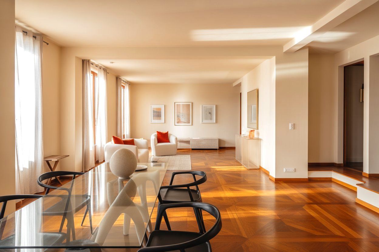 Bright, modern living room with wooden floors, white walls, black chairs, and sunlight streaming through tall windows