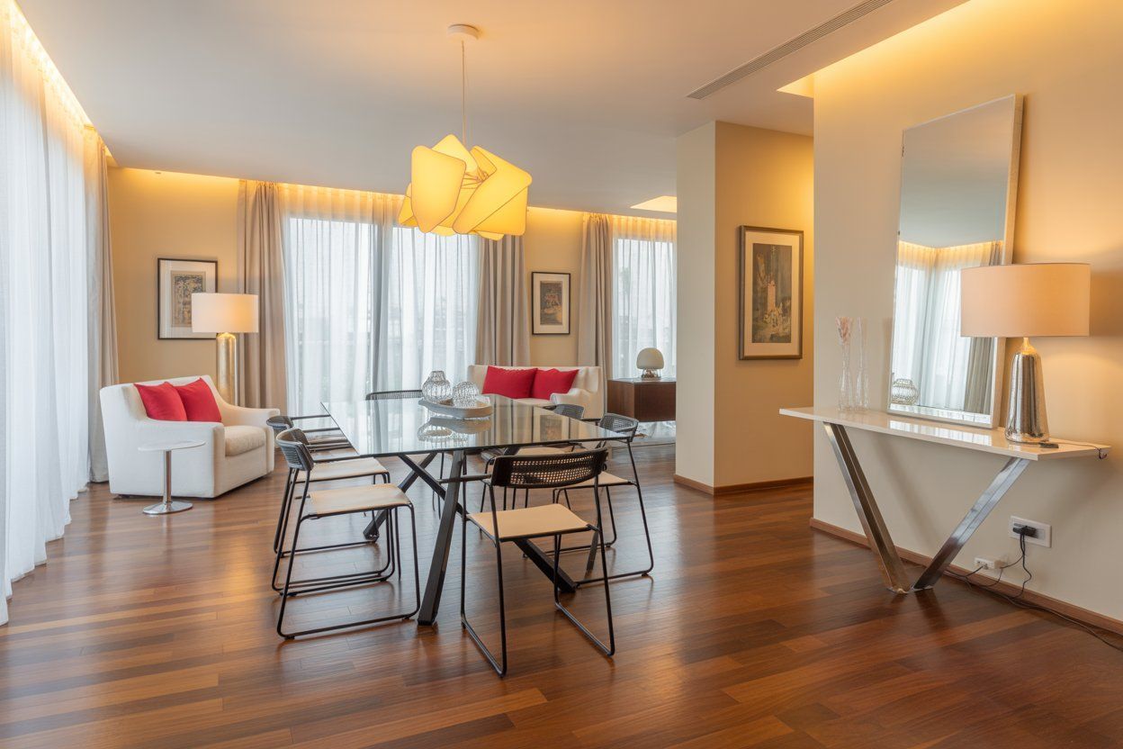 Modern living-dining room with wooden floors, glass table, white chairs, sofa, and warm pendant lighting