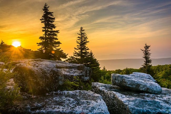 A sunset over a rocky cliff with trees in the foreground