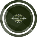 Logo for "Olins Auto & Diagnosis," featuring a car icon in a green, geometric shield, set against a circular background.