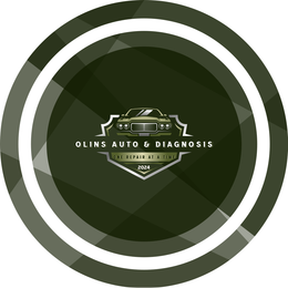Logo for "Olins Auto & Diagnosis," featuring a car icon in a green, geometric shield, set against a circular background.