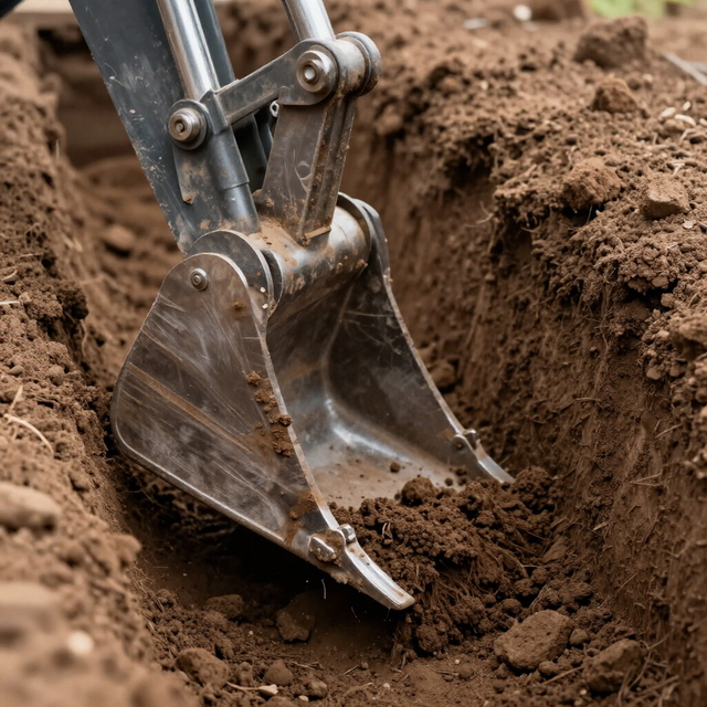 Excavator bucket digging a trench