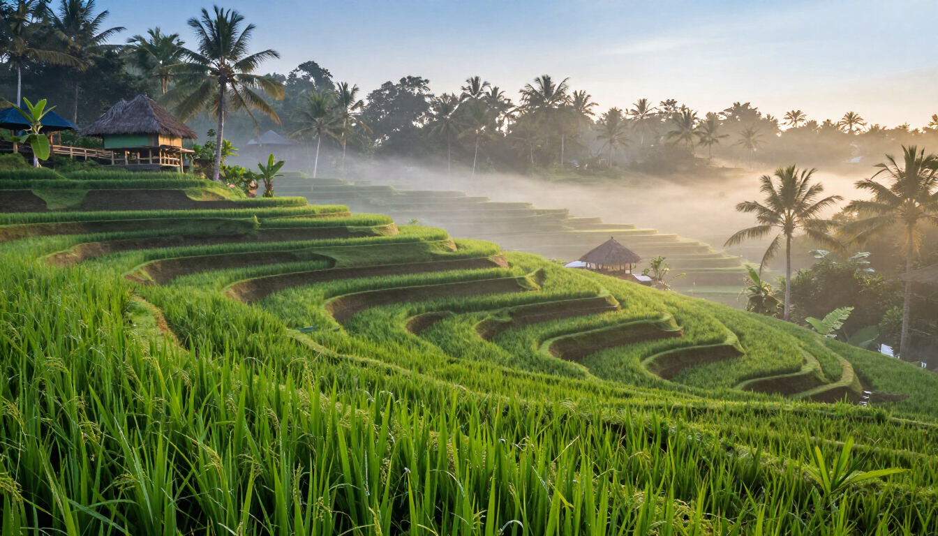 Lush green rice terraces in Ubud, Bali during a misty morning.